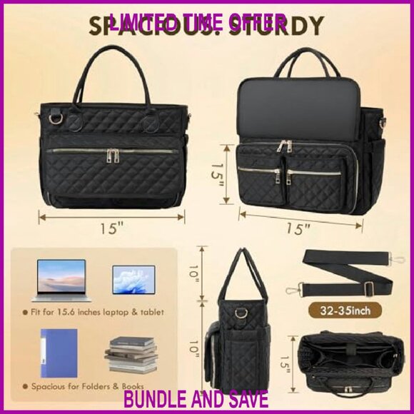 Large 15.6 Inch Laptop Tote Bag with Multiple Compartments for Work Travel - Picture 3 of 8